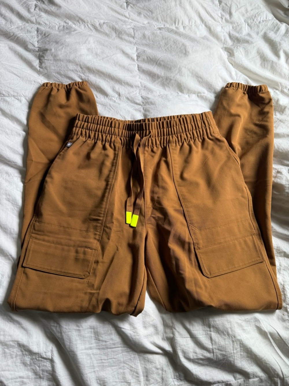 Figs Women's Cargo Joggers - Rare Style - Brown with Neon Yellow Drawstring Tips